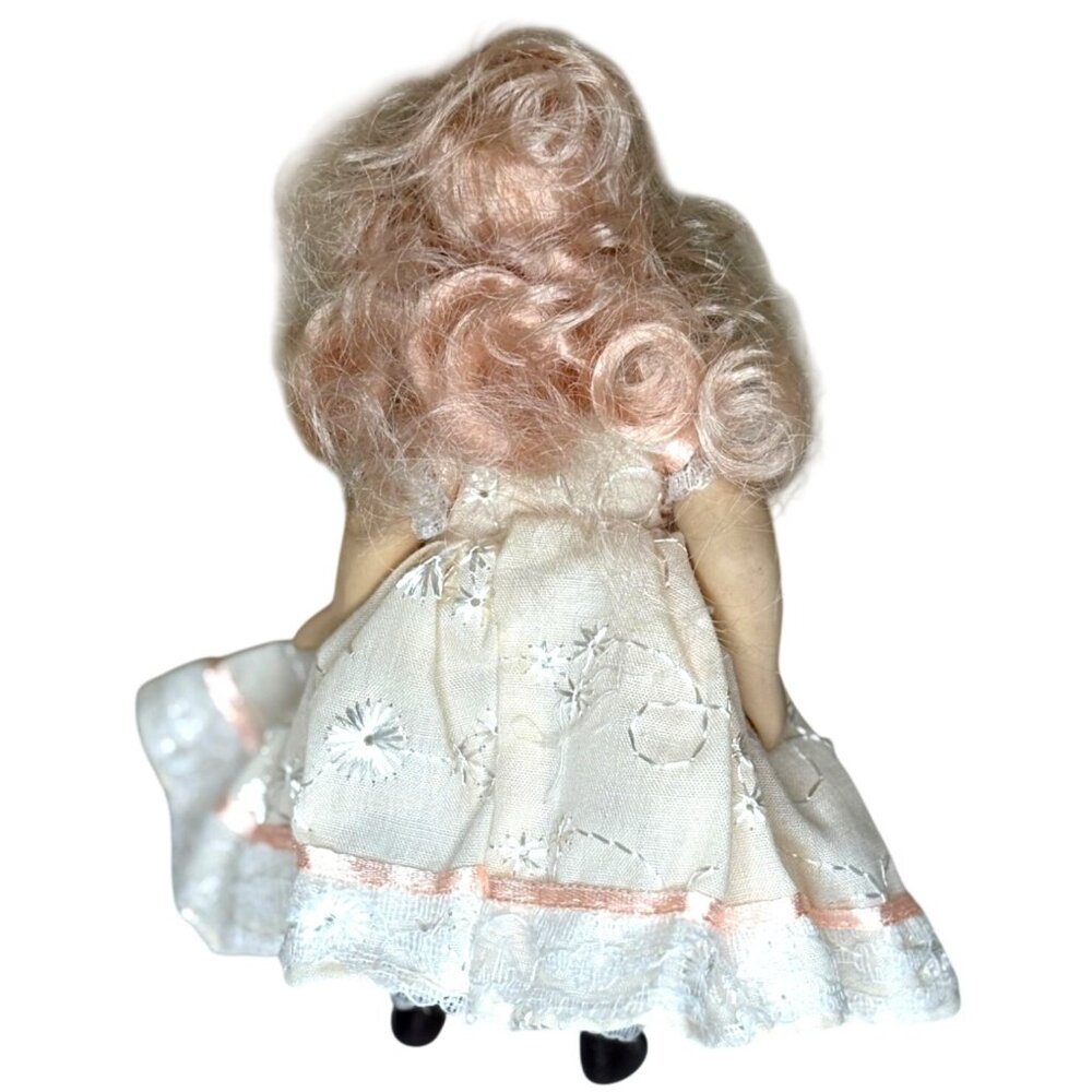 Vintage Porcelain Blonde Blue Eyes Doll Floral Lace Dress Victorian Strawberry - Picture 9 of 11